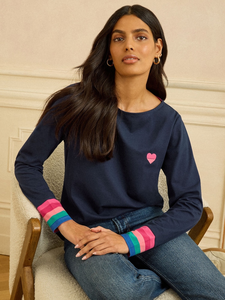 Love & Roses Navy Blue Embroidered Rainbow Stripe Cuff Long Sleeve Jersey Top - Image 1 of 4