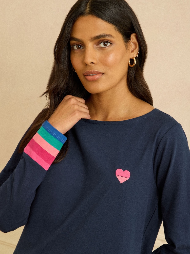 Love & Roses Navy Blue Embroidered Rainbow Stripe Cuff Long Sleeve Jersey Top - Image 2 of 4