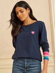 Love & Roses Navy Blue Embroidered Rainbow Stripe Cuff Long Sleeve Jersey Top - Image 3 of 4