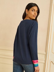 Love & Roses Navy Blue Embroidered Rainbow Stripe Cuff Long Sleeve Jersey Top - Image 4 of 4