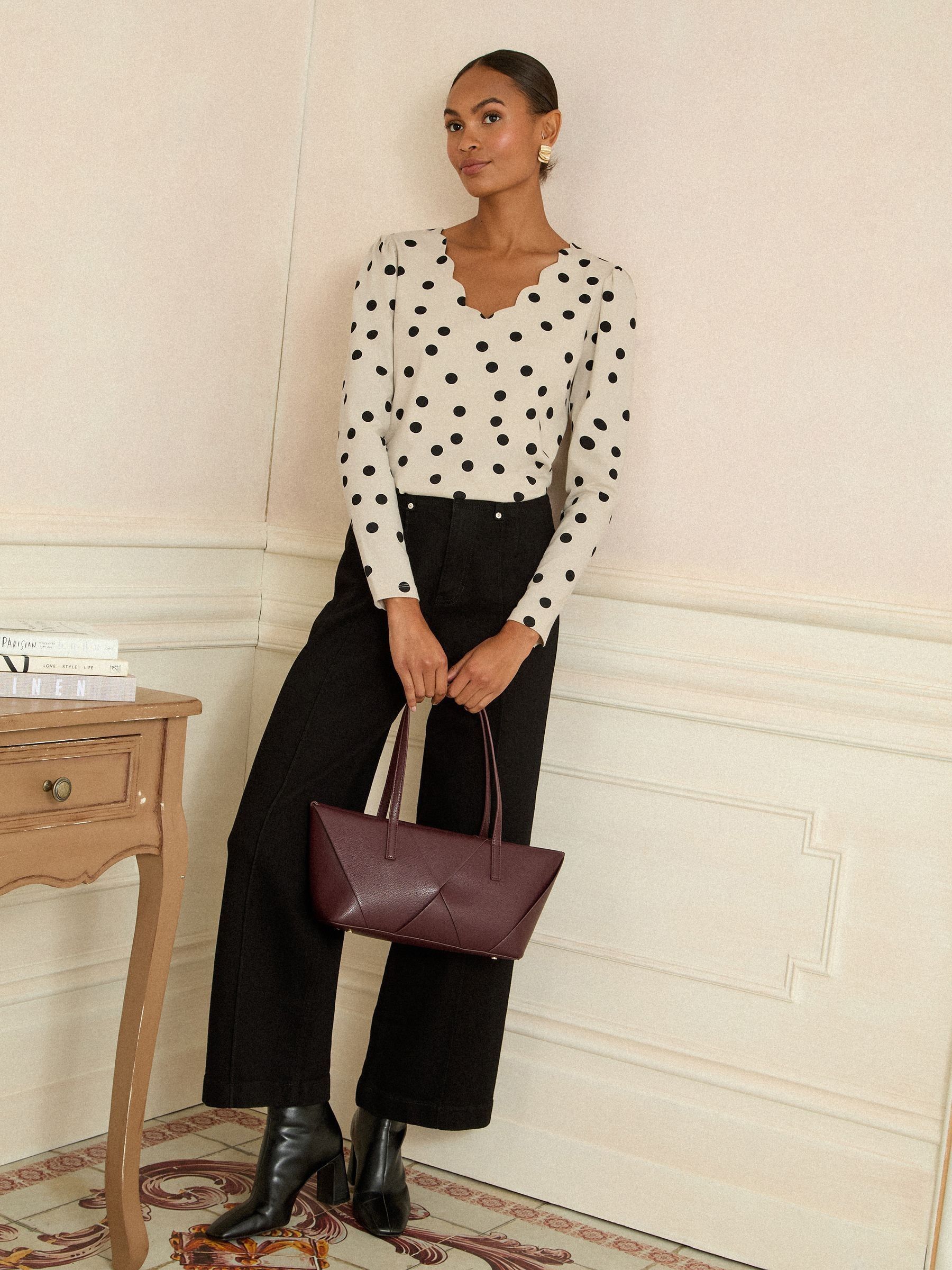 Buy Love & Roses Ivory and Black Spot Print Scallop V-Neck Long
