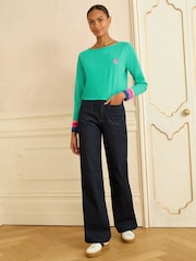 Love & Roses Green Embroidered Rainbow Stripe Cuff Long Sleeve Jersey Top - Image 3 of 4