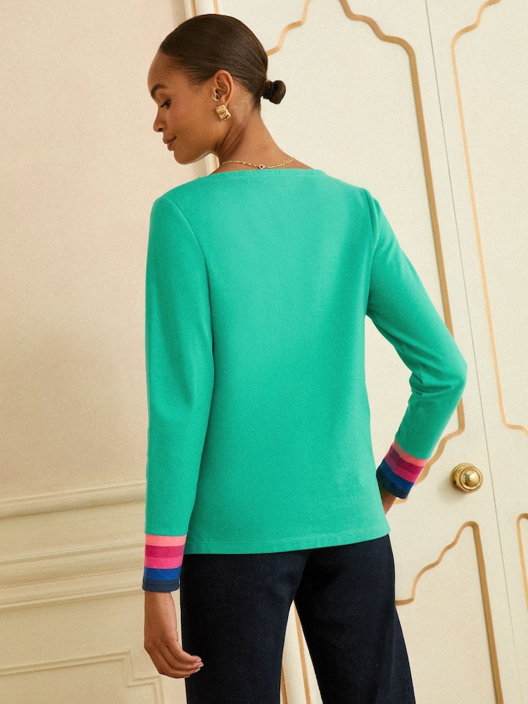 Love & Roses Green Embroidered Rainbow Stripe Cuff Long Sleeve Jersey Top - Image 4 of 4
