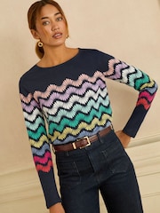 Love & Roses Navy and Multicolored Stripe Long Sleeve Jersey Top - Image 1 of 4