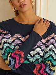 Love & Roses Navy and Multicolored Stripe Long Sleeve Jersey Top - Image 2 of 4