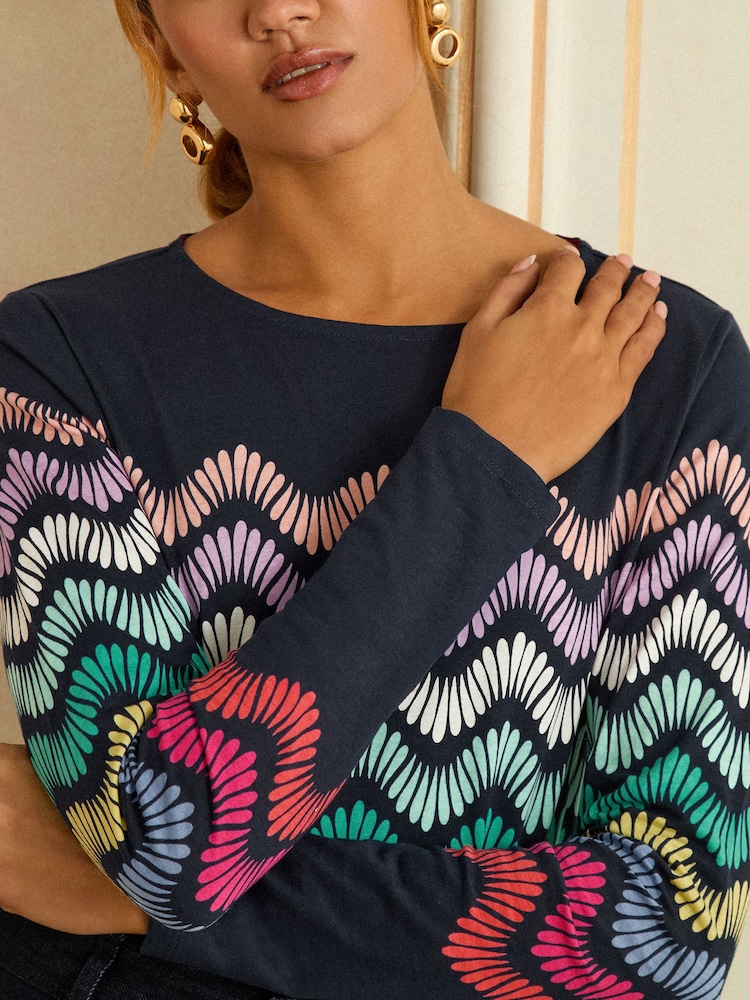 Love & Roses Navy and Multicolored Stripe Long Sleeve Jersey Top - Image 2 of 4