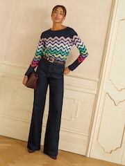Love & Roses Navy and Multicolored Stripe Long Sleeve Jersey Top - Image 3 of 4