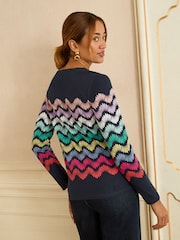 Love & Roses Navy and Multicolored Stripe Long Sleeve Jersey Top - Image 4 of 4