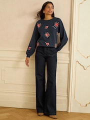 Love & Roses Navy Blue Heart Embroidery Crew Neck Jersey Sweatshirt - Image 2 of 4