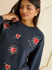 Love & Roses Navy Blue Heart Embroidery Crew Neck Jersey Sweatshirt - Image 4 of 4