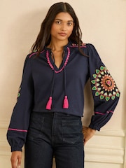 Love & Roses Navy Heart Ric Rac Embroidered Notch Neck Long Sleeve Top - Image 1 of 4