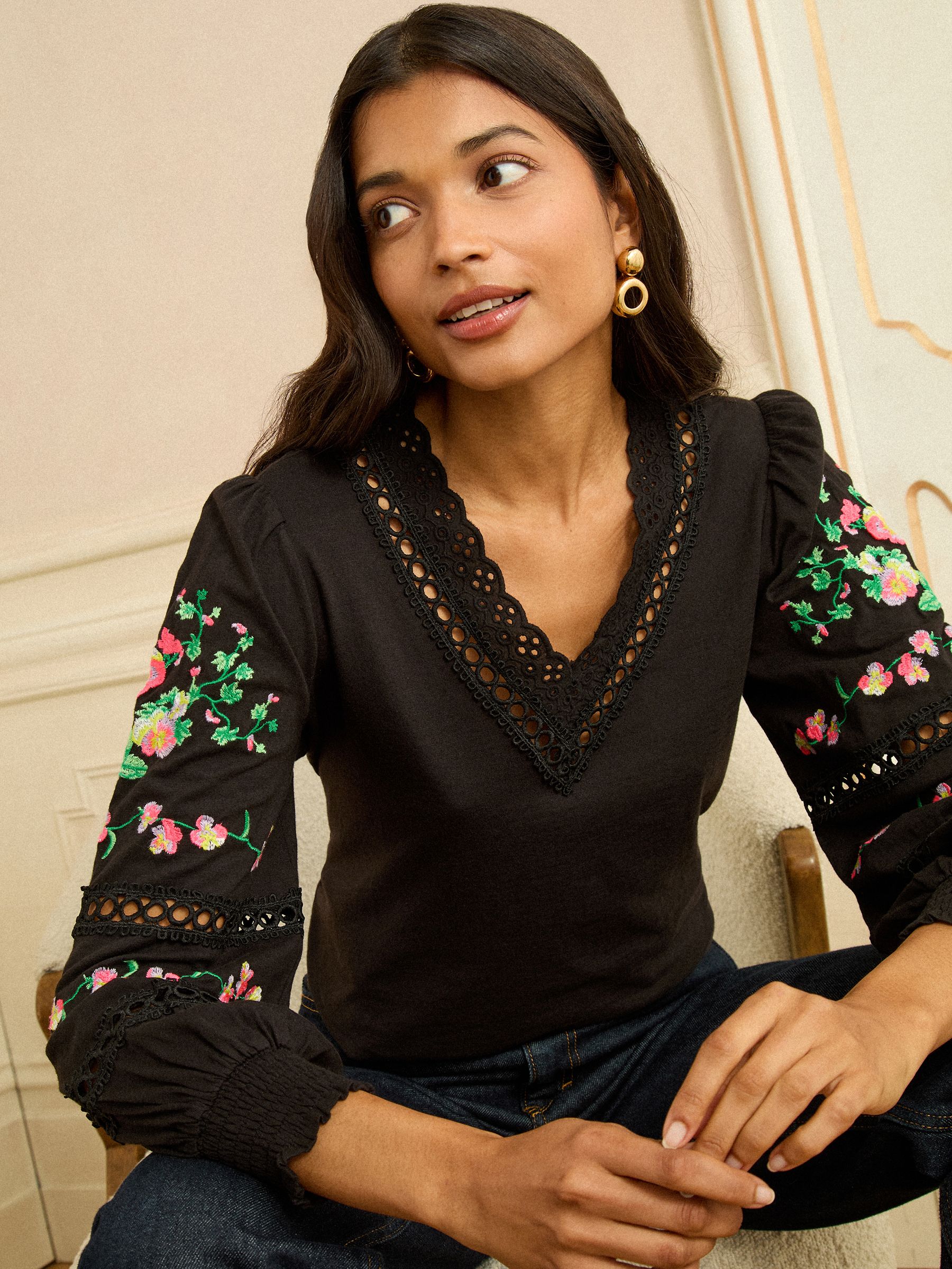 Buy Love & Roses Black Floral Embrodiery Lace Insert V-Neck Long