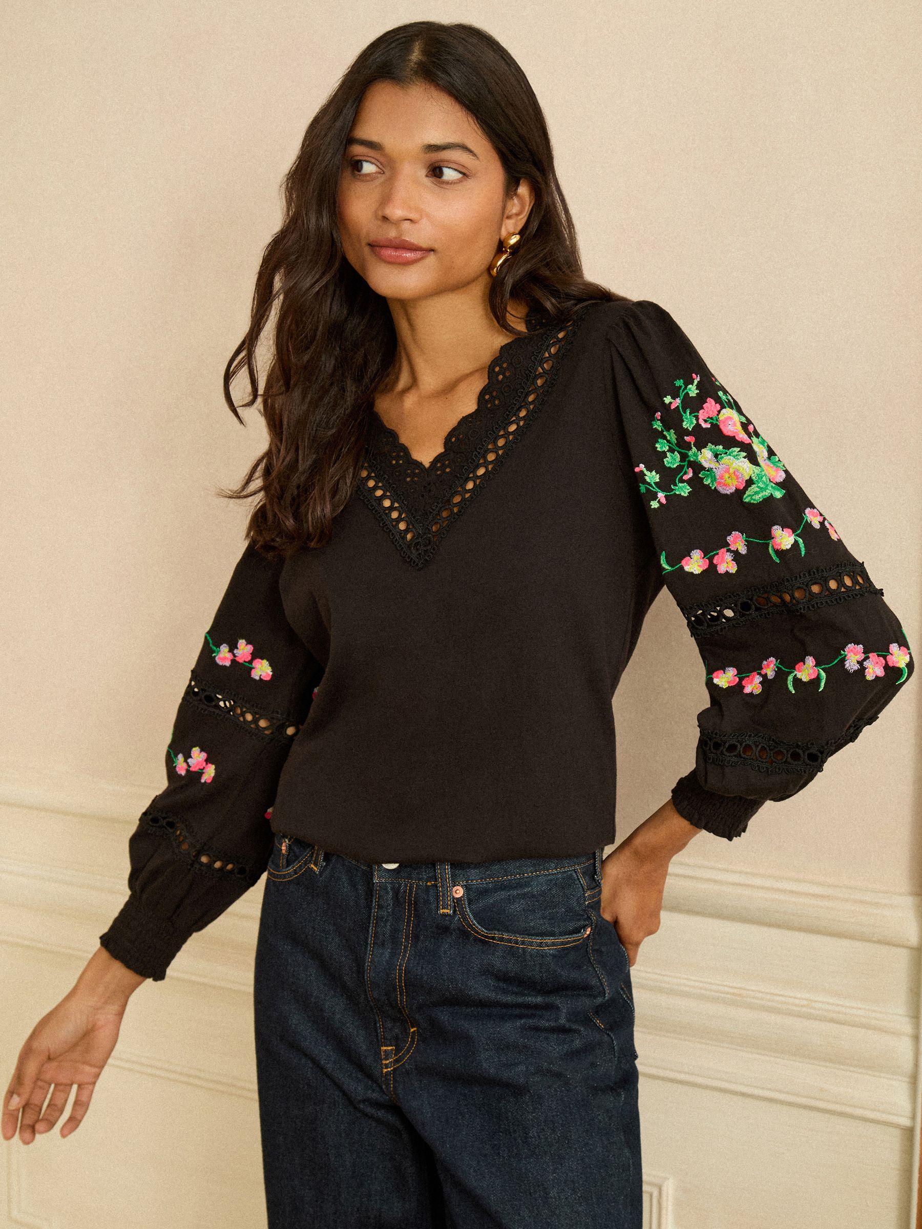 Buy Love & Roses Black Floral Embrodiery Lace Insert V-Neck Long