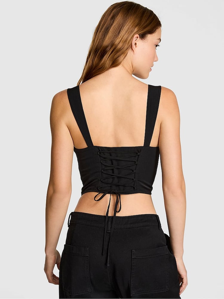 Victoria's Secret Pink Black Cropped Corset Top - Image 2 of 2 Victoria's Secret Pink Black Cropped Corset Top - Image 2 of 2