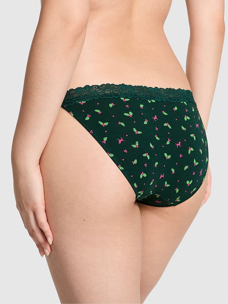 Victoria's Secret PINK Deep Forest Green Christmas Holly Print Bikini Cotton Heather Lace Trim Knickers - Image 2 of 2 Victoria's Secret PINK Deep Forest Green Christmas Holly Print Bikini Cotton Heather Lace Trim Knickers - Image 2 of 2