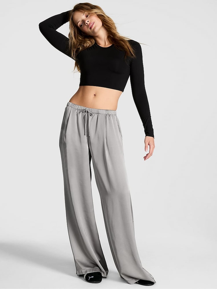 Victoria's Secret Pink Silver Lining Grey Satin Trousers - Image 1 of 2 Victoria's Secret Pink Silver Lining Grey Satin Trousers - Image 1 of 2