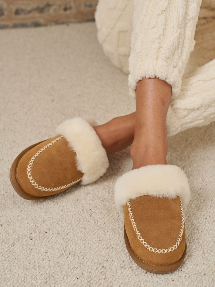 Loungeable Brown Real Sheepskin Fluffy Cross Stitch Mules - Image 1 of 5
