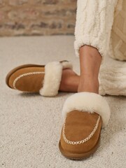 Loungeable Brown Real Sheepskin Fluffy Cross Stitch Mules - Image 2 of 5