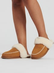 Loungeable Brown Real Sheepskin Fluffy Cross Stitch Mules - Image 3 of 5