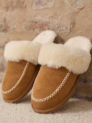 Loungeable Brown Real Sheepskin Fluffy Cross Stitch Mules - Image 4 of 5