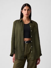 Gap Khaki Green 100% Linen Long Sleeve Oversized Shirt - Image 1 of 5