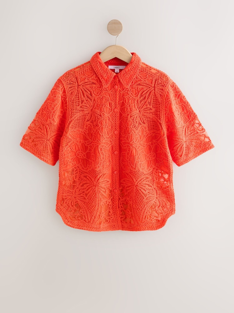Orange Crochet Short Sleeve Shirt - Image 1 of 3 Orange Crochet Short Sleeve Shirt - Image 1 of 3