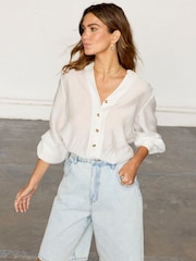 Never Fully Dressed Blue Denim Scallop Pocket Long Shorts - Image 1 of 6