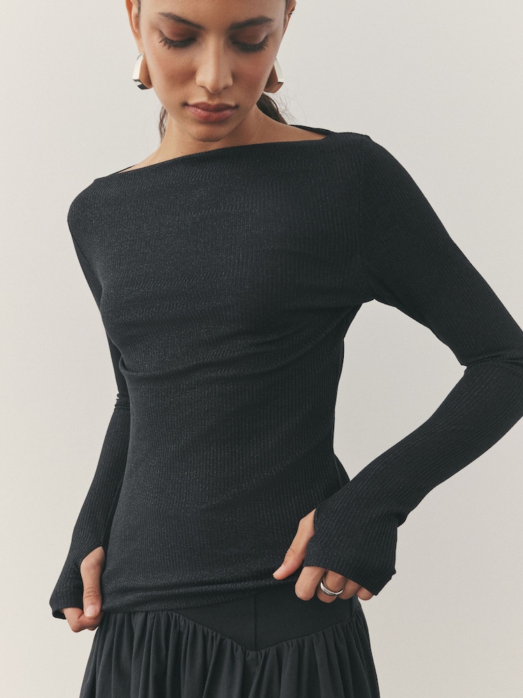 Nothing Ordinary Black Metallic Slash Neck Long Sleeve Top - Image 1 of 10 Nothing Ordinary Black Metallic Slash Neck Long Sleeve Top - Image 1 of 10