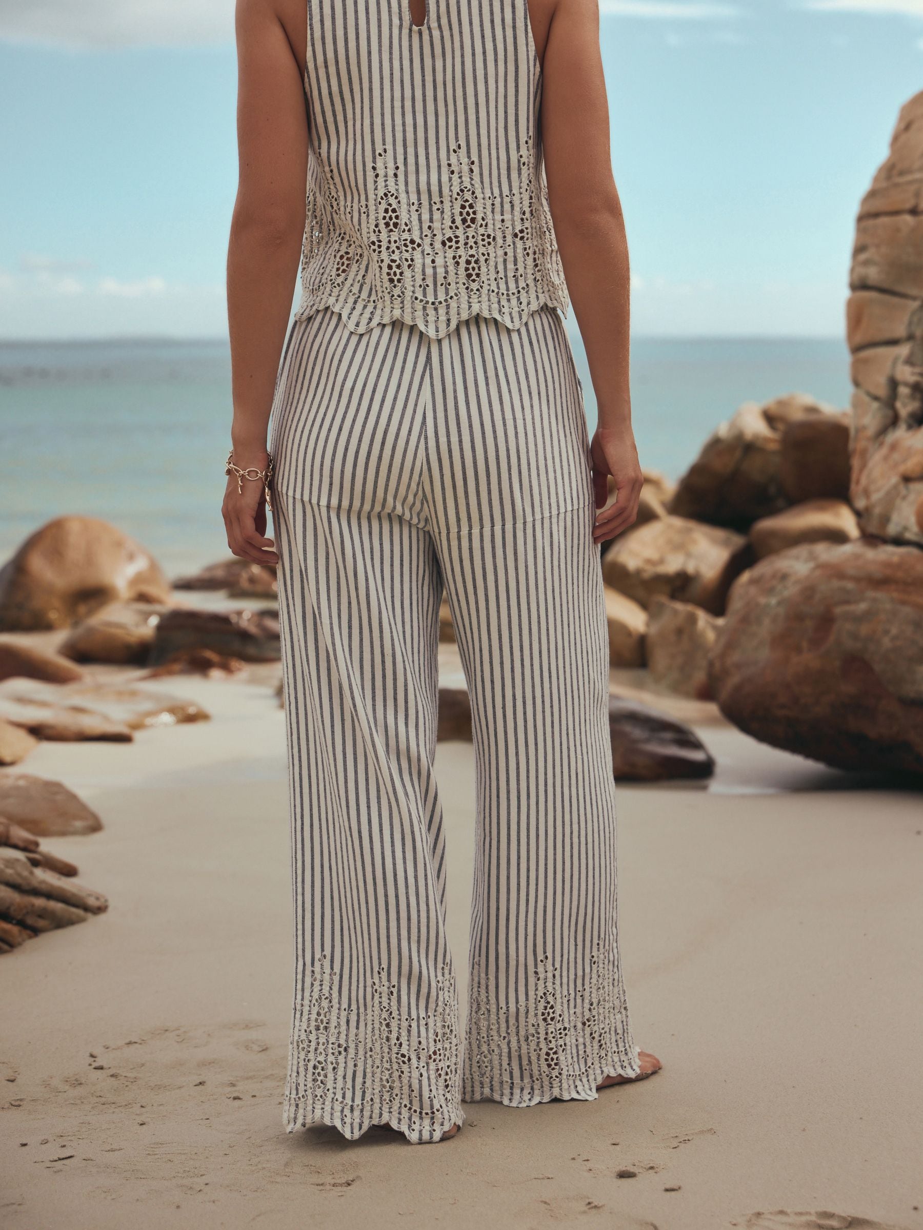 Buy Blue/White Stripe Broderie Wide Leg Trousers With Linen from