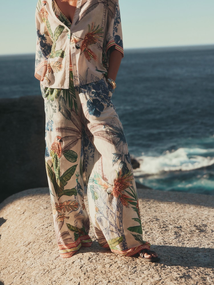 Cream/Navy Embellished Wide Leg Trousers - Image 1 of 4