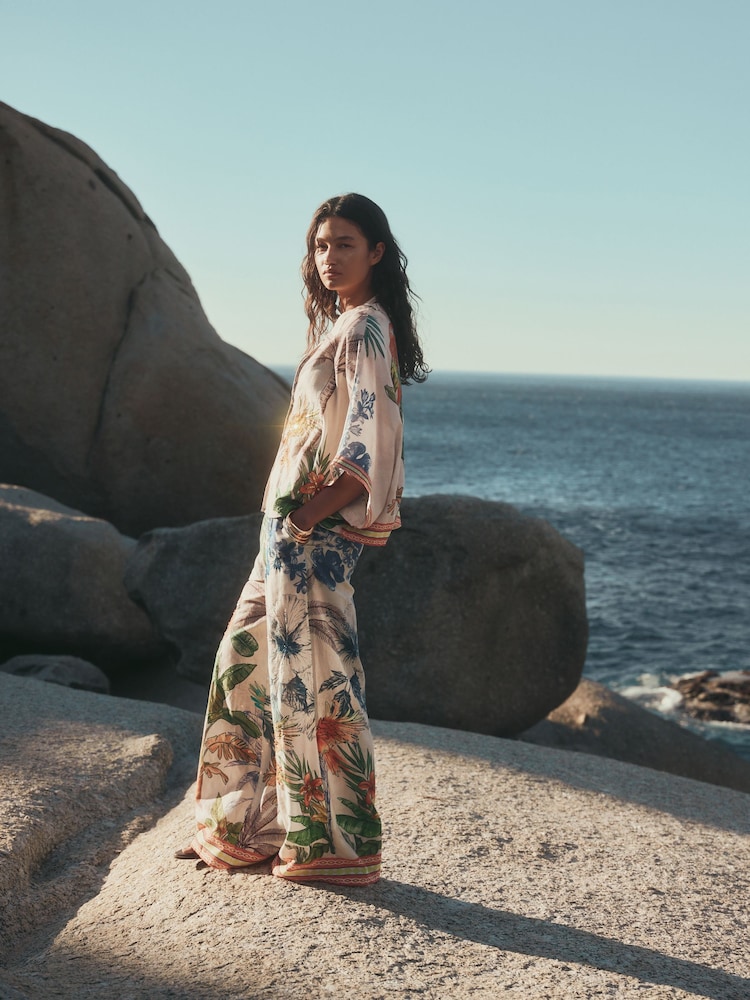 Cream/Navy Embellished Wide Leg Trousers - Image 4 of 4