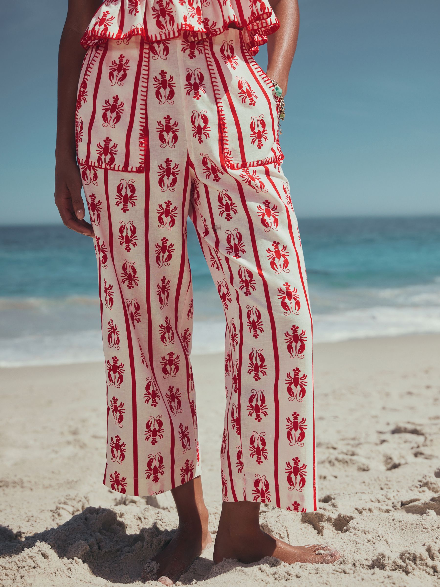 Buy Red/White Lobster Print Straight Leg Crop Trousers from Next USA