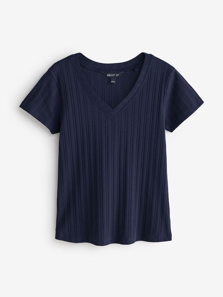 Navy V-Neck Short Sleeves Ribbed T-Shirt - Image 1 of 1