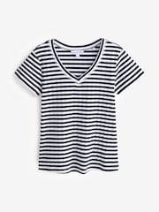 Navy Blue /White Basic Stripe Rib V-Neck Short Sleeve T-Shirt - Image 1 of 1