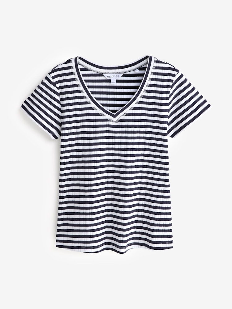 Navy Blue /White Basic Stripe Rib V-Neck Short Sleeve T-Shirt - Image 1 of 1
