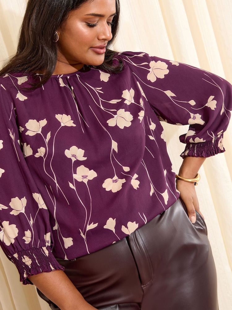 Friends Like These Burgundy Floral Print Curve 3/4 Sleeve Shirred Cuff Blouse - Image 1 of 4 Friends Like These Burgundy Floral Print Curve 3/4 Sleeve Shirred Cuff Blouse - Image 1 of 4