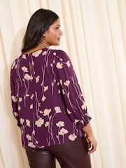 Friends Like These Burgundy Floral Print Curve 3/4 Sleeve Shirred Cuff Blouse - Image 4 of 4