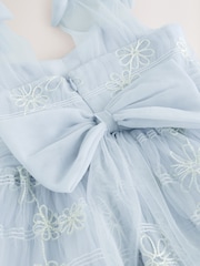 Laura Ashley White/Blue Embroidered Mesh Bow Dress - Image 11 of 12