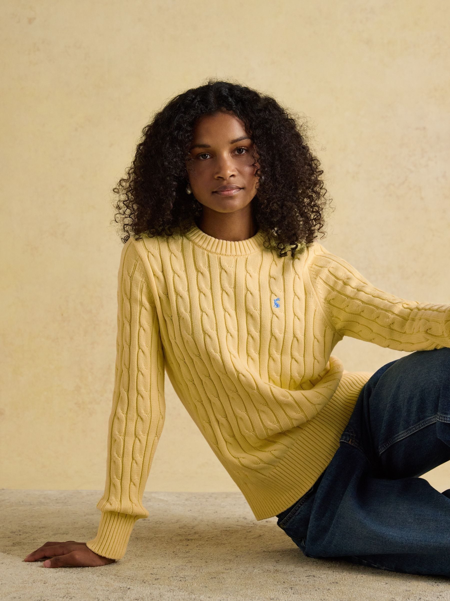 Buy Joules Yellow Classic Crew Neck Cotton Cable Knit Jumper from