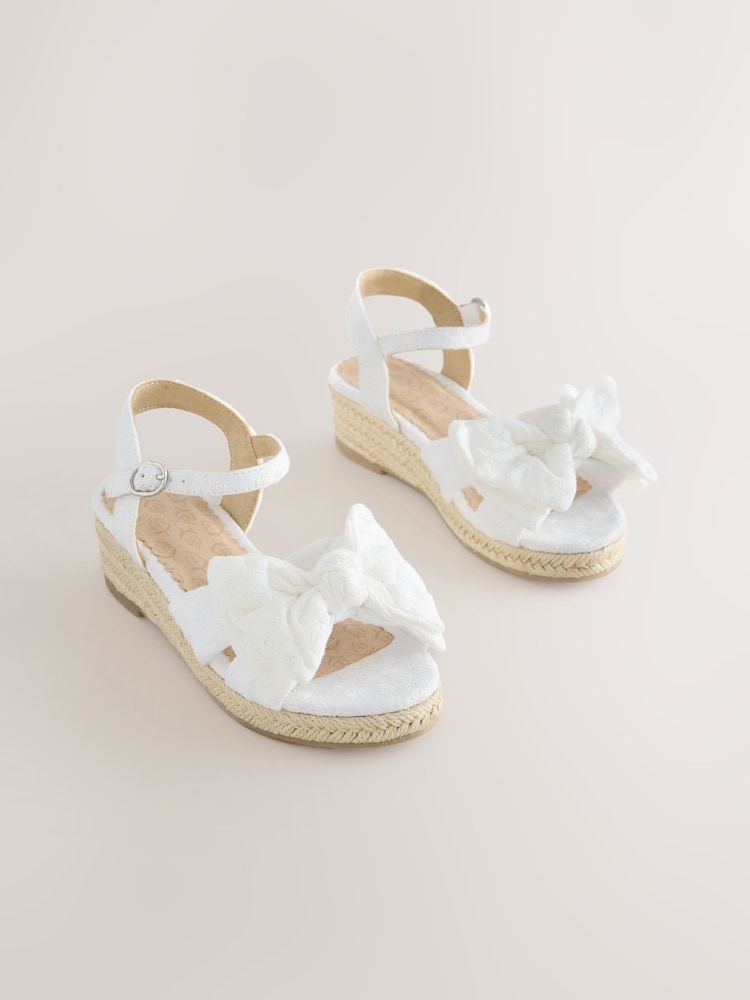 White Broderie Bow Wedge Sandals - Image 1 of 5 White Broderie Bow Wedge Sandals - Image 1 of 5