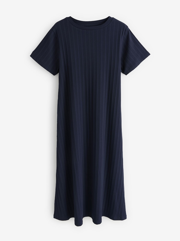 Navy Blue Short Sleeved Maxi Ribbed Dress - Image 1 of 1