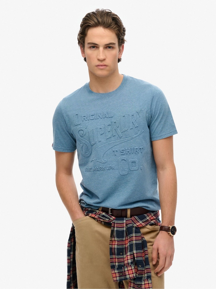 Superdry Blue Workwear Embossed Relaxed T-Shirt - Image 1 of 6 Superdry Blue Workwear Embossed Relaxed T-Shirt - Image 1 of 6