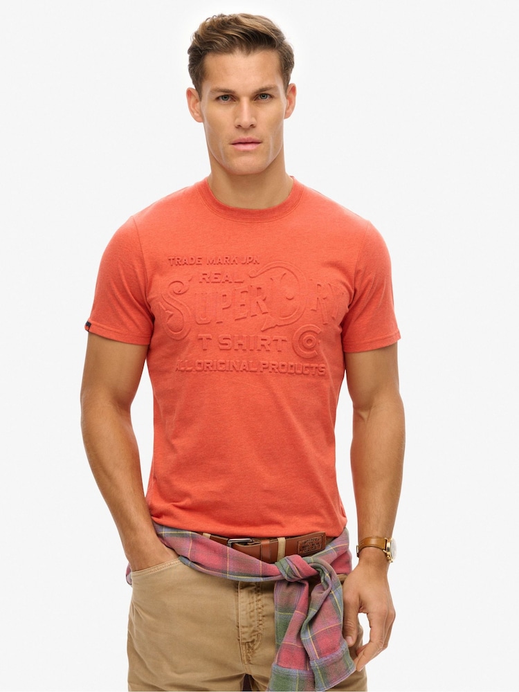 Superdry Orange Workwear Embossed Relaxed T-Shirt - Image 1 of 7 Superdry Orange Workwear Embossed Relaxed T-Shirt - Image 1 of 7