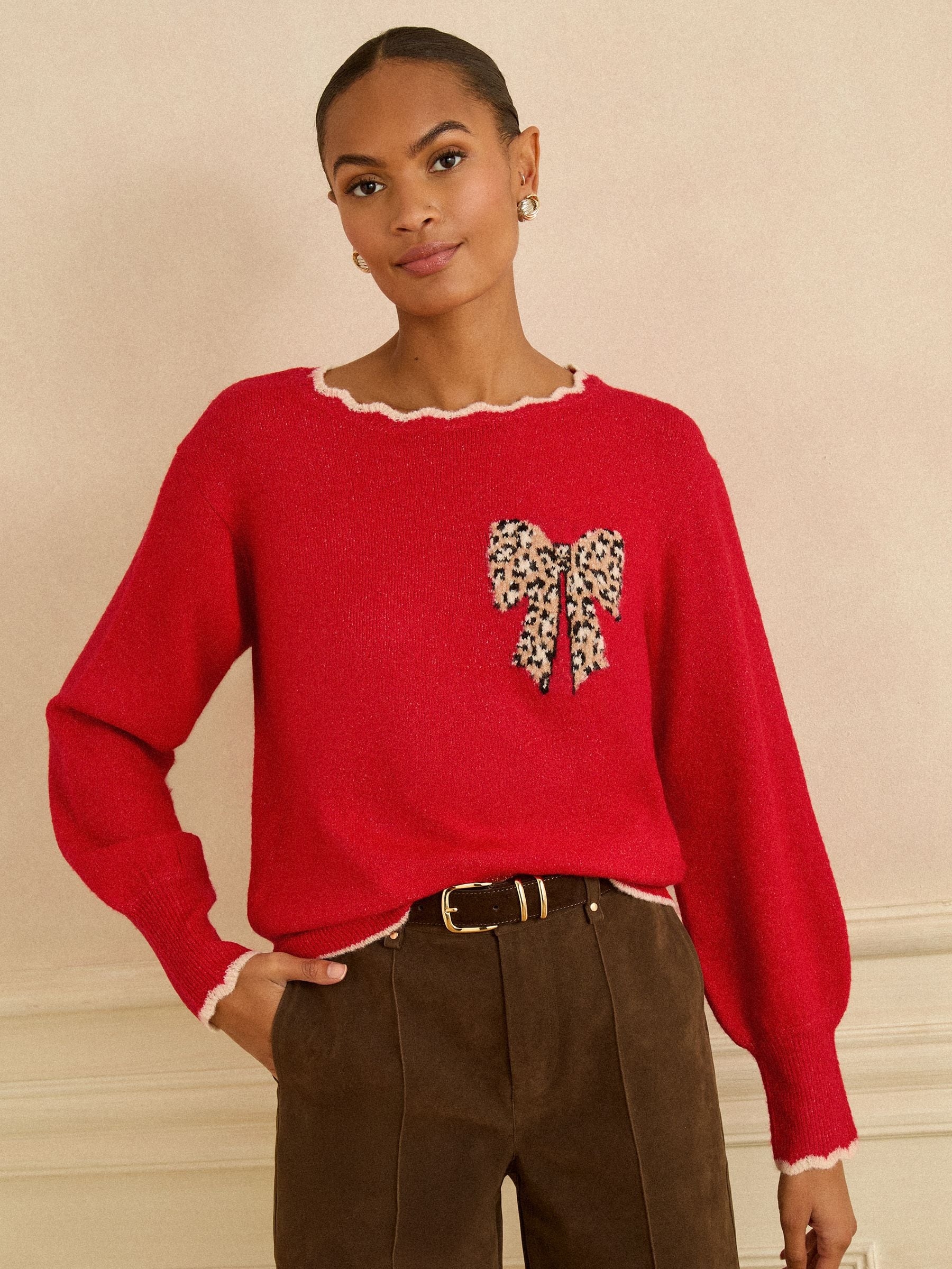 Buy Love & Roses Red Leopard Print Bow Scallop Knitted Jumper from