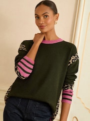 Love & Roses Khaki Green Animal Side Stripe Crew Neck Cosy Jumper - Image 1 of 5