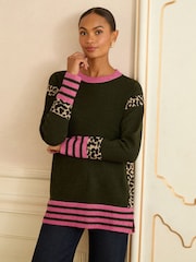 Love & Roses Khaki Green Animal Side Stripe Crew Neck Cosy Jumper - Image 2 of 5