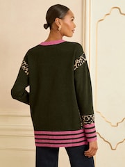 Love & Roses Khaki Green Animal Side Stripe Crew Neck Cosy Jumper - Image 3 of 5