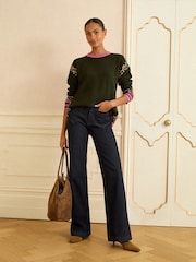 Love & Roses Khaki Green Animal Side Stripe Crew Neck Cosy Jumper - Image 4 of 5