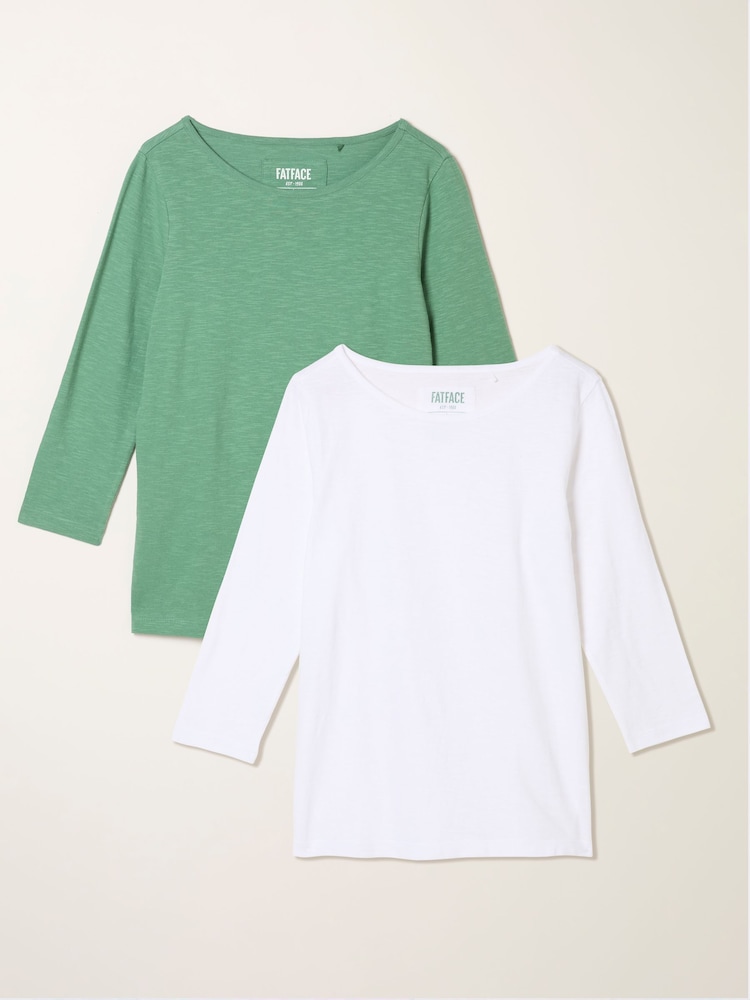 FatFace Quinn Jade Green/White 2 Pack 3/4 Sleeve T Shirt - Image 1 of 6