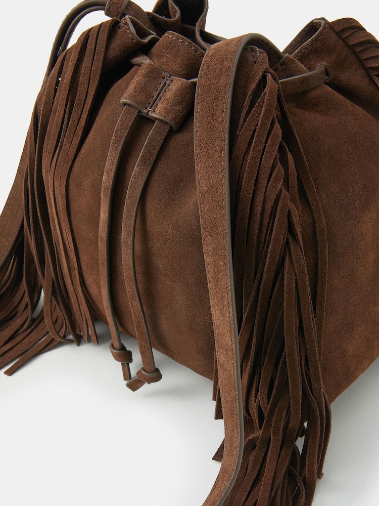 Accessorize Brown Suede Fringe Bucket Bag - Image 2 of 2 Accessorize Brown Suede Fringe Bucket Bag - Image 2 of 2